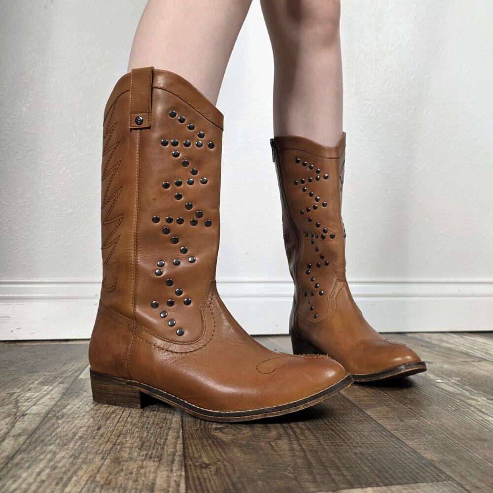 Mia Cognac Leather Studded Knee High Western Boots Cowgirl Size 8 1/2